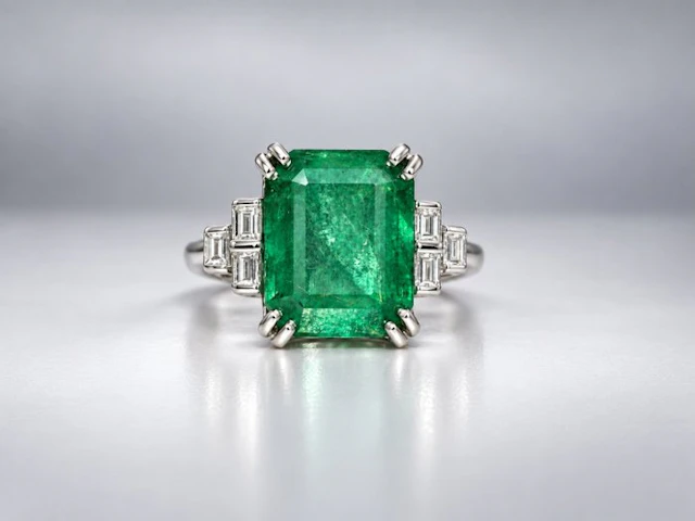 Ring - 18 kt. White gold - 4.45ct. tw. Emerald - Diamond - Green