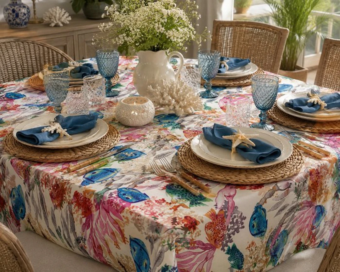 Marina Watercolor Fantasy Tablecloth – Coastal Elegance...