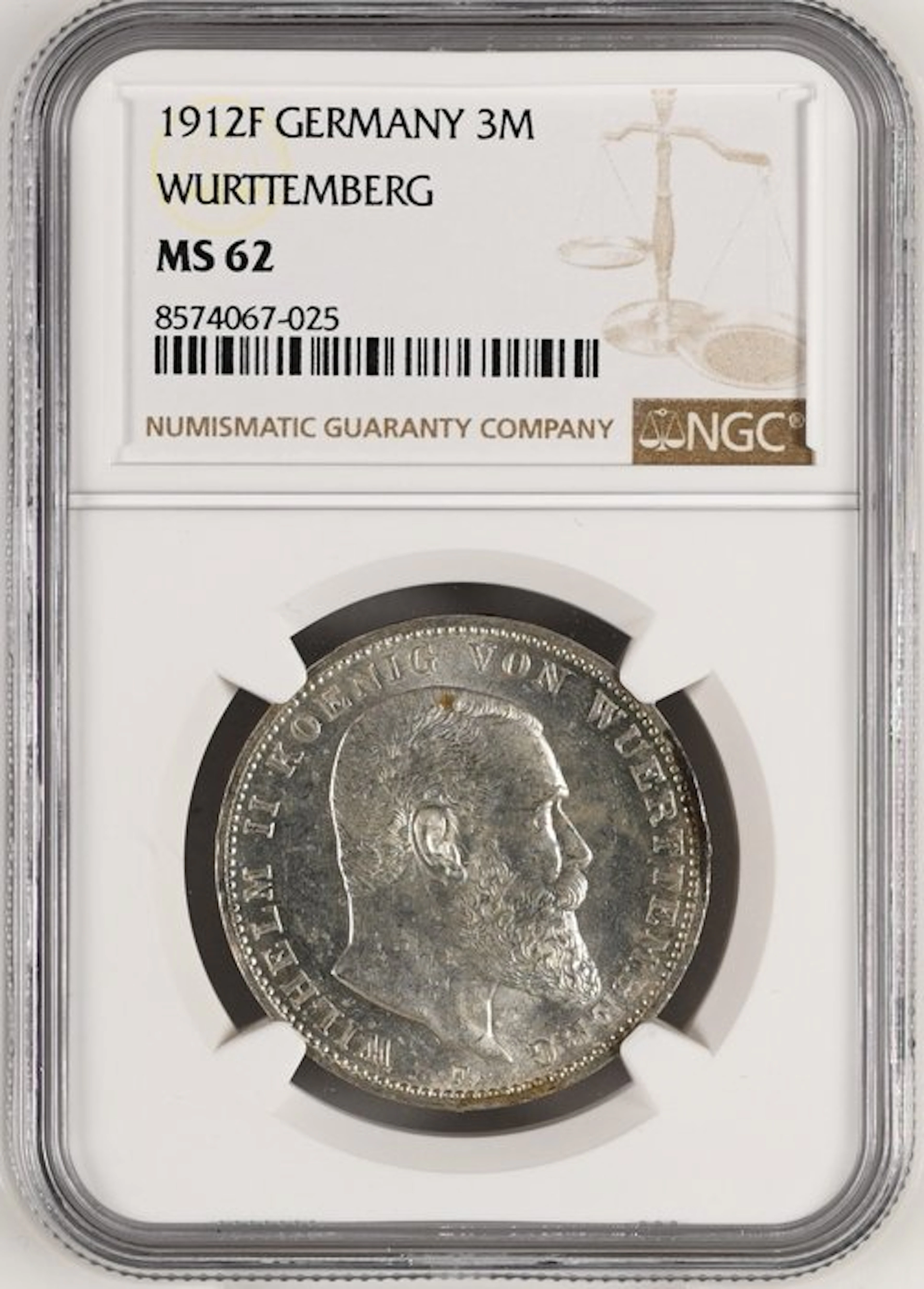 Germany, Württemberg Wilhelm II. 3 Mark 1912 - NGC MS62