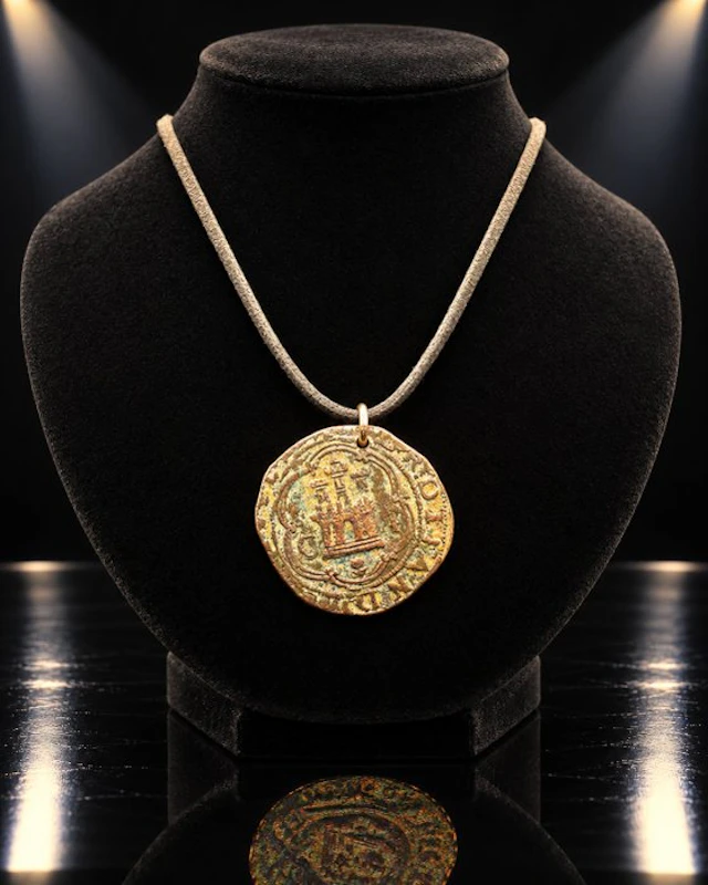 Renaissance Bronze Necklace with a four-maravedí coin...