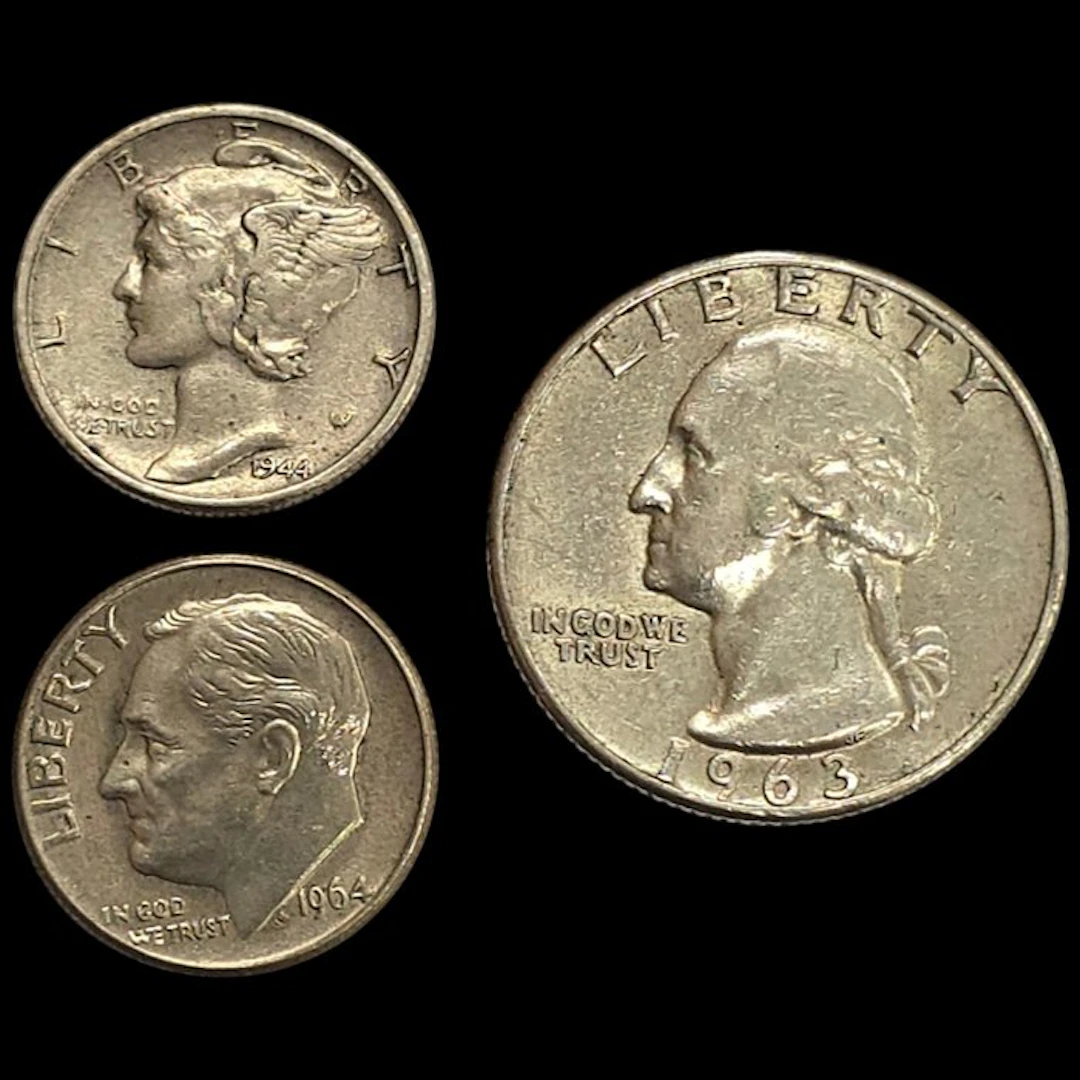 United States. Dime x2, 1/4 Dollar 1944, 1963, 1964. (No reserve price)