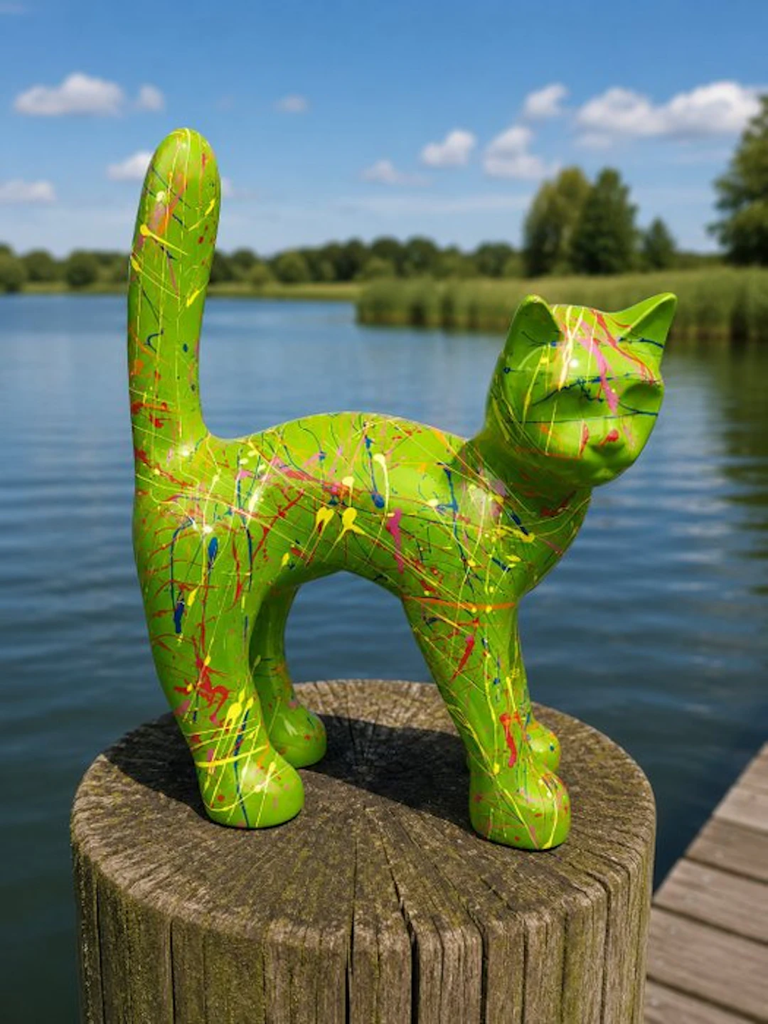 Statue, garden statue cat color green with paint color - 31 cm - polyresin