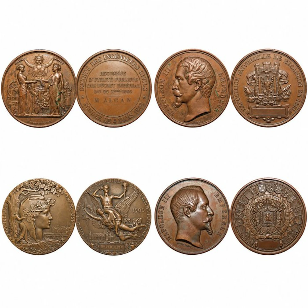 France. Lot de 4 grandes médailles anciennes en cuivre et bronze – Napoléon III