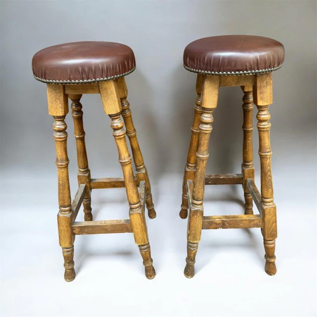 Stool (2) - Wood, Leather - Pair of Rustic Bar Stools