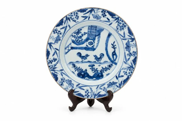 Plate - Porcelain - Cockerels in a Garden