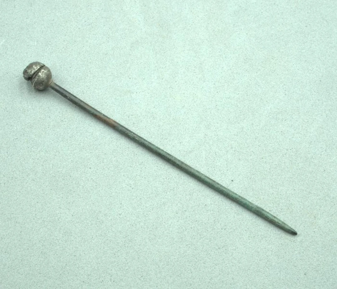Ancient Roman Bronze Hair Pin with Decorated Spherical Head - 110 mm