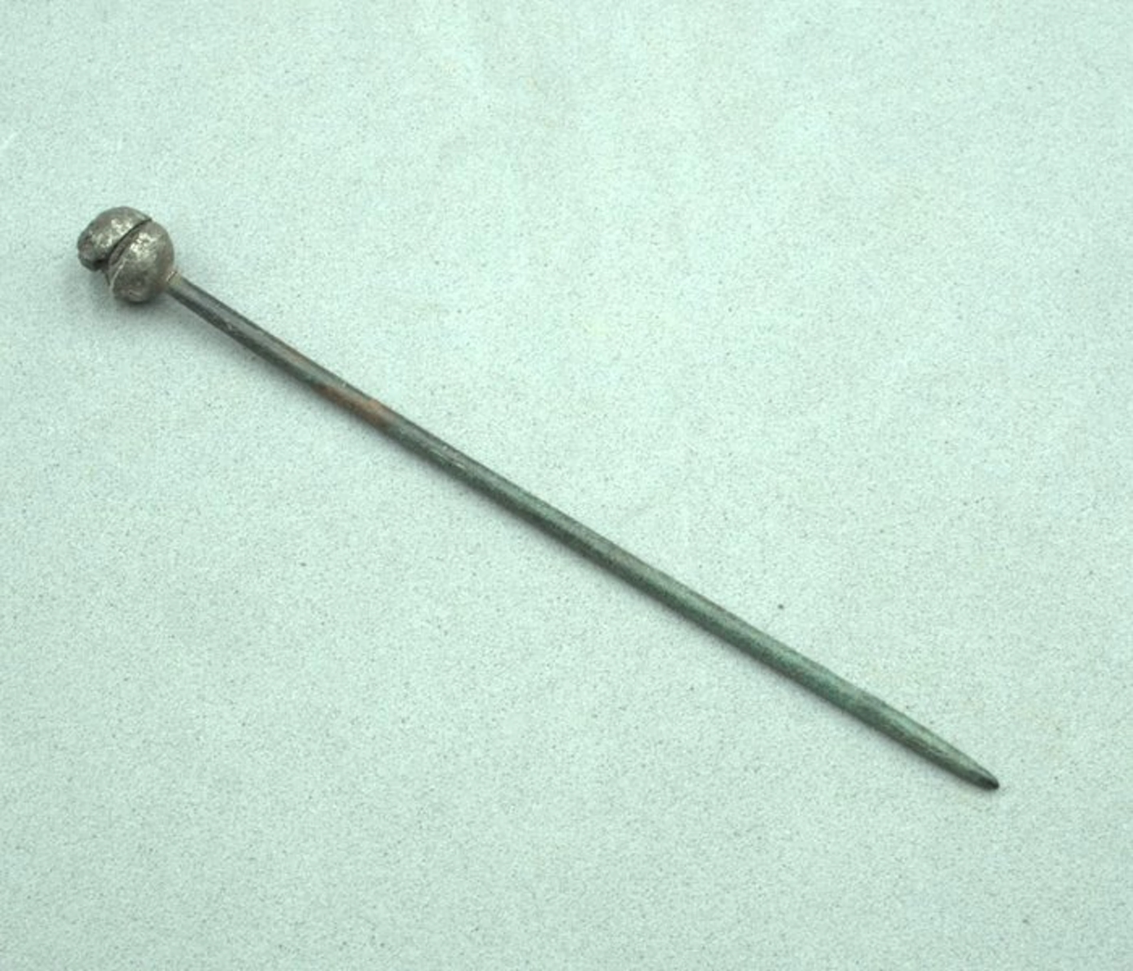 Ancient Roman Bronze Hair Pin with Decorated Spherical Head - 110 mm