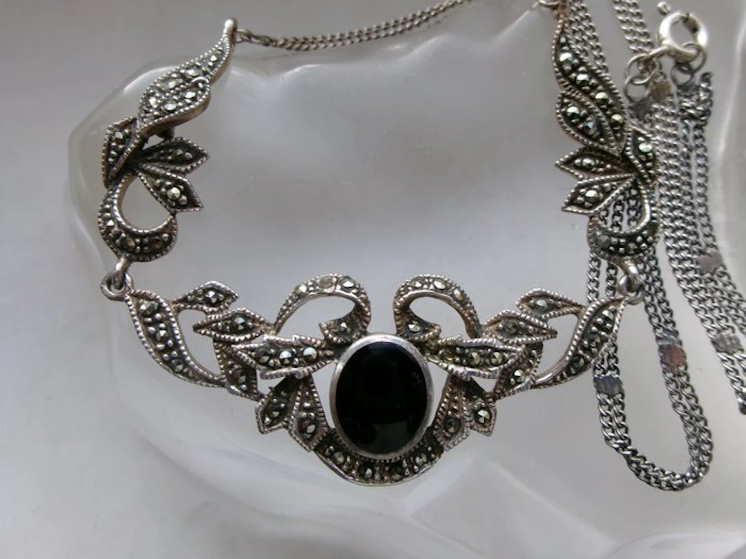 Silver, Onyx & Marcasites - Necklace - Art Nouveau Style