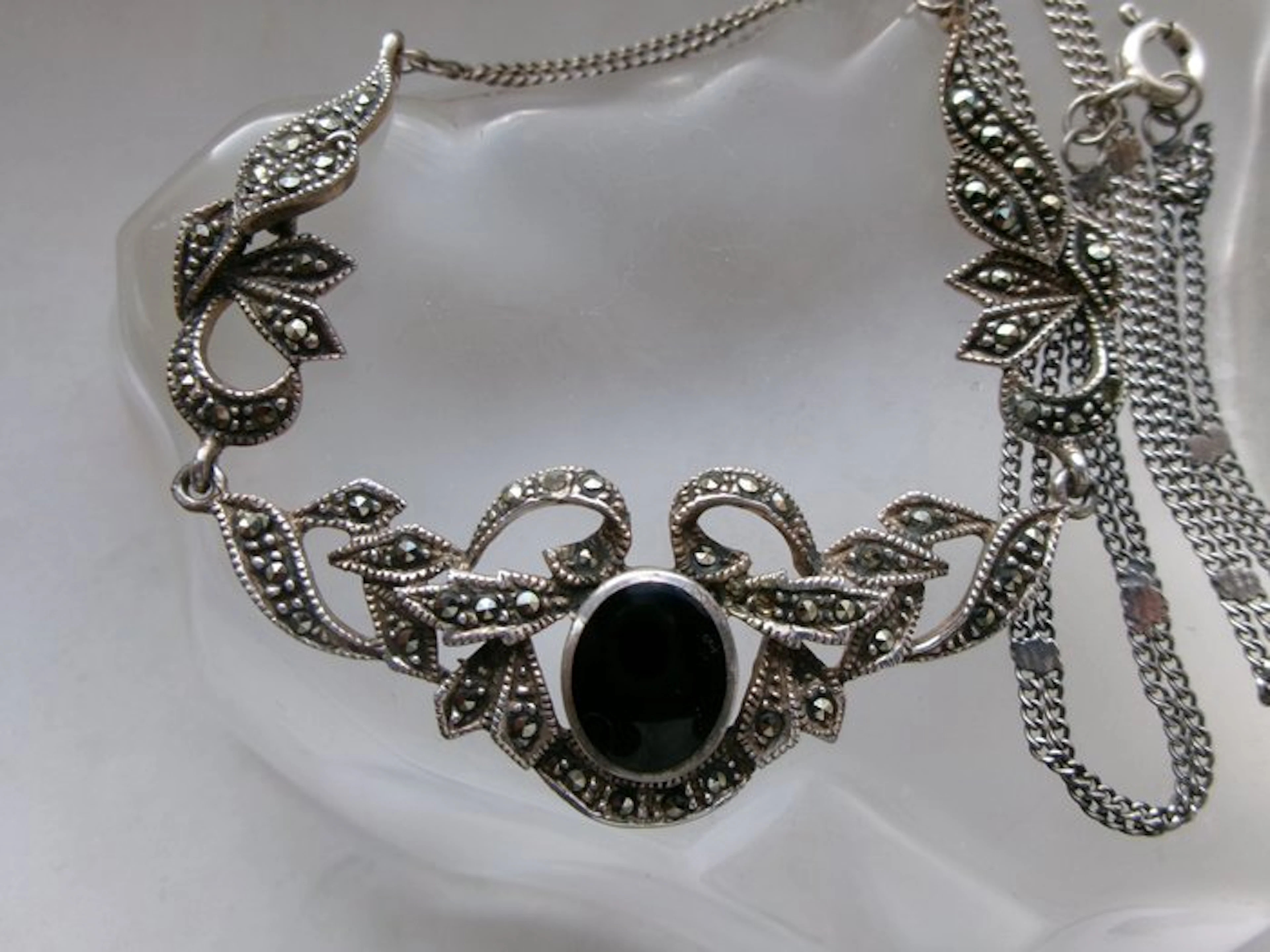 Silver, Onyx & Marcasites - Necklace - Art Nouveau Style