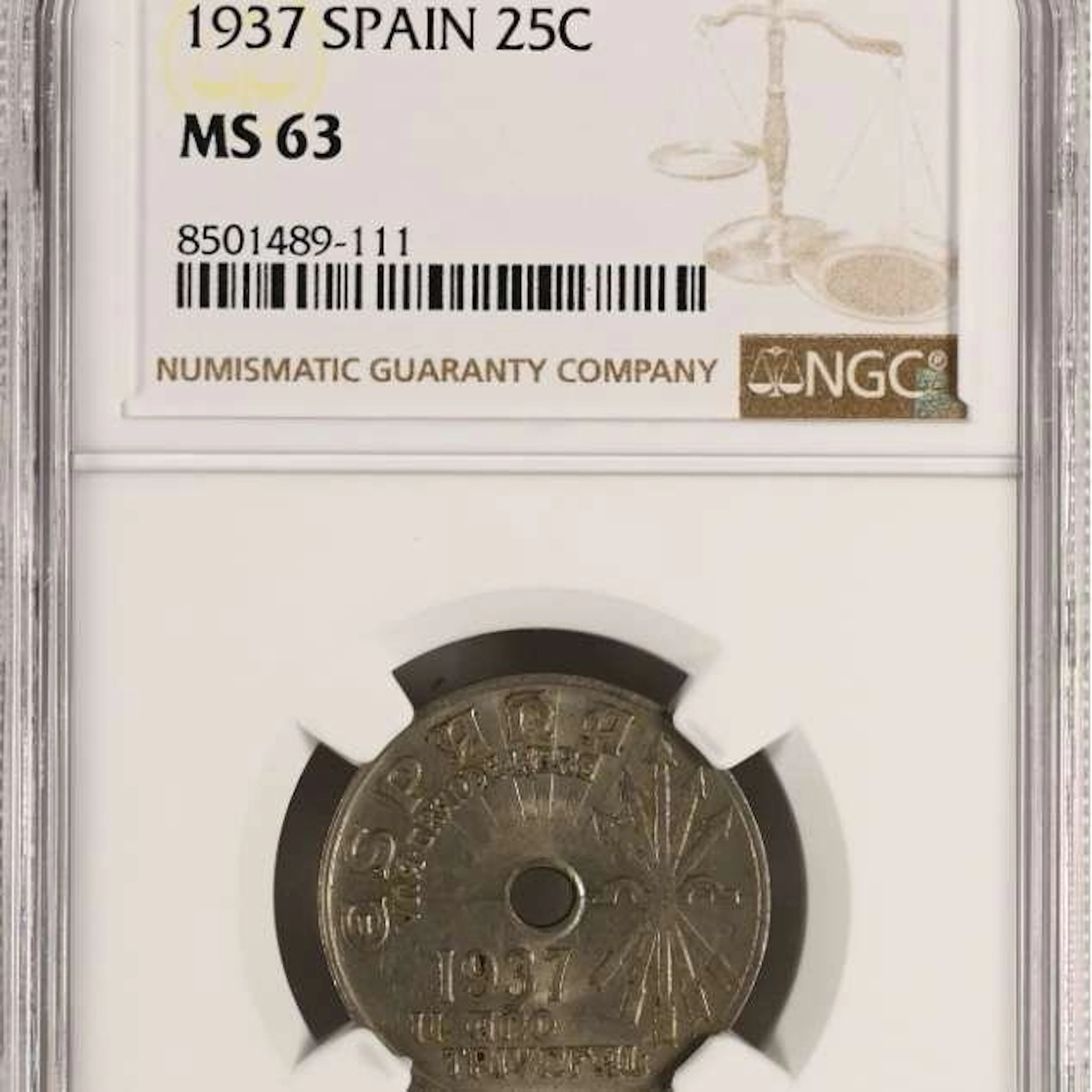 Spain. 25 céntimos 1937, Graduada por NGC como MS 63. (No reserve price)