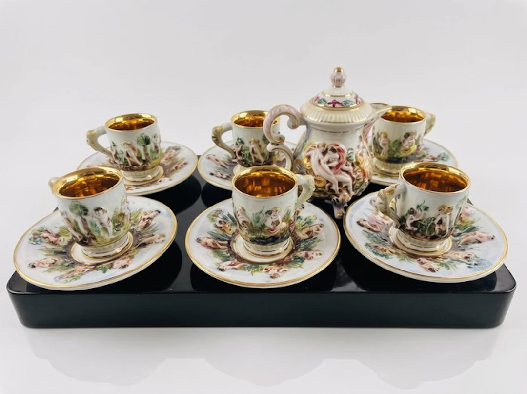 Coffee set for 6 (13) - Porcelain, Gold plated - Capodim coffee service