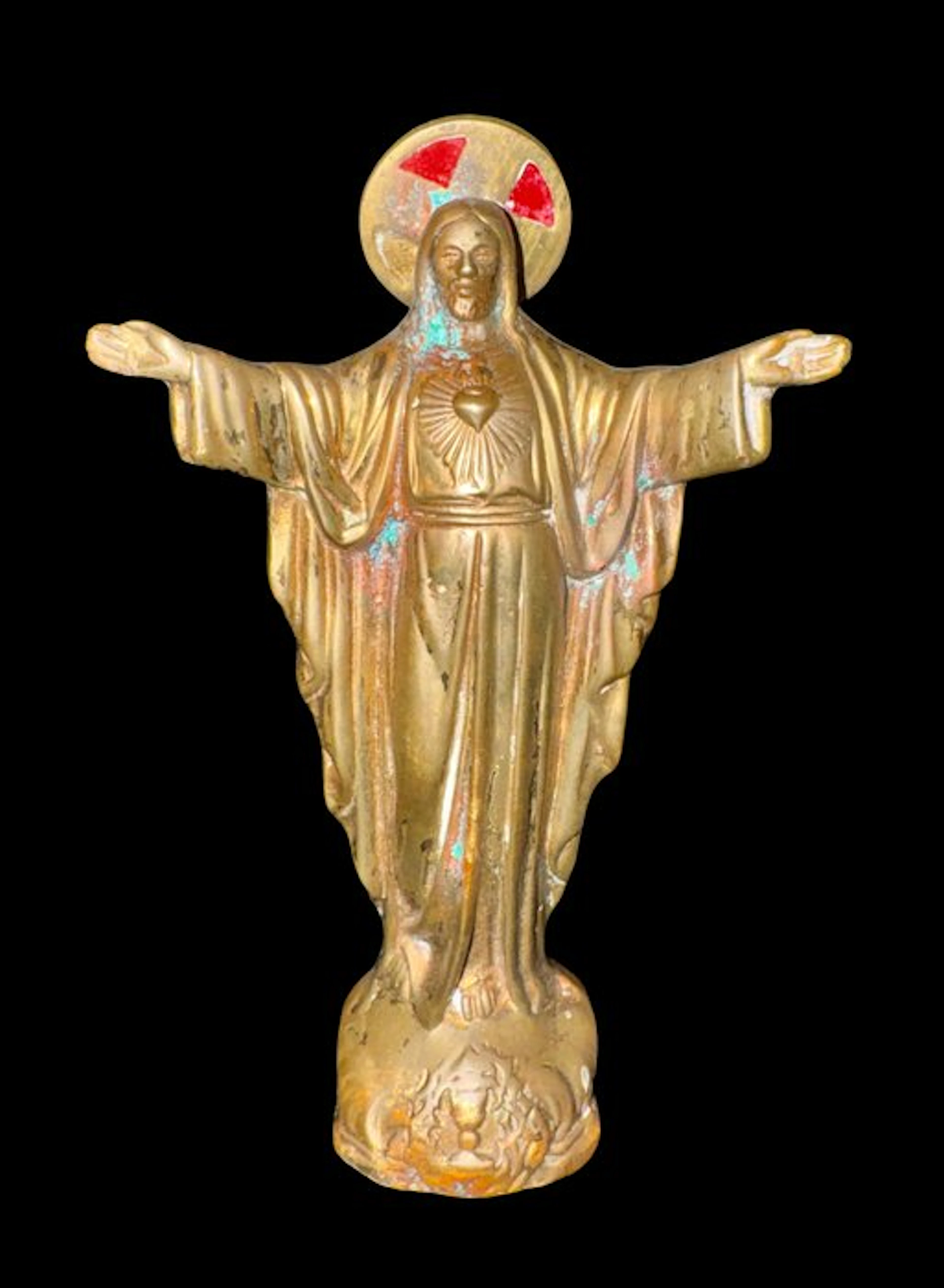 Statuette, Jesus Sacred Heart– Heavy Cast - 15.5 cm - Bronze, Brass - 1920
