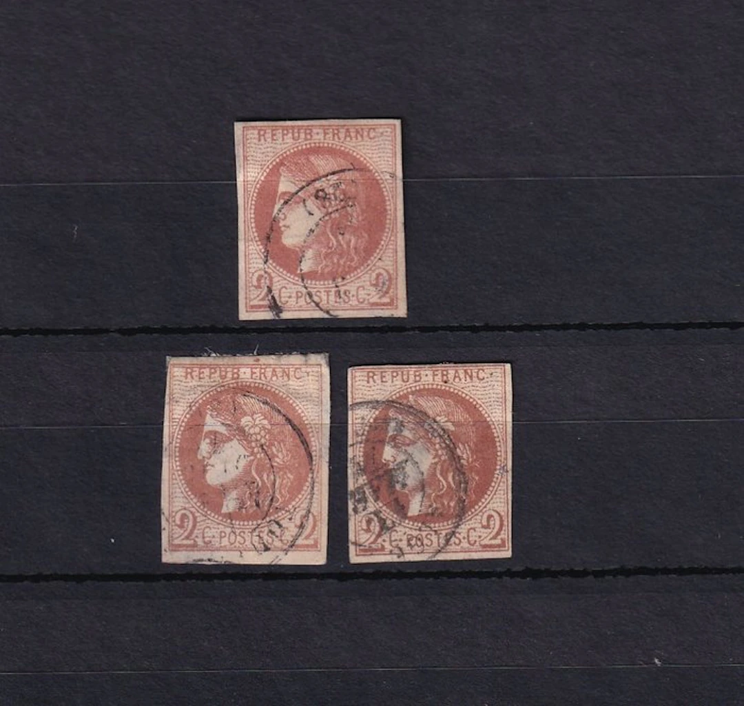 France 1870 - Study of nuances on four Bordeaux 2C - Yvert n°40B, 40Bl et 40Bg