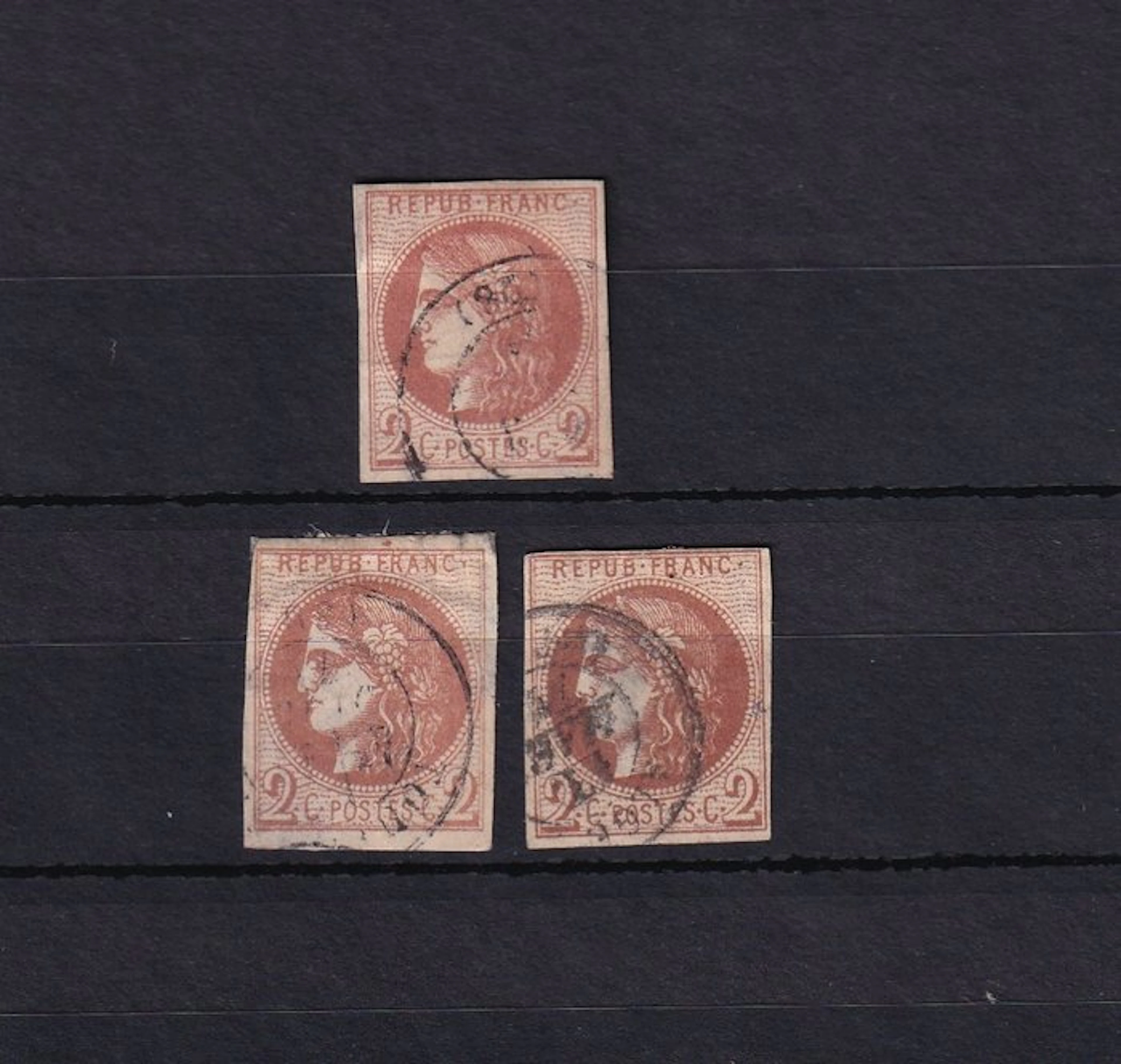 France 1870 - Study of nuances on four Bordeaux 2C - Yvert n°40B, 40Bl et 40Bg