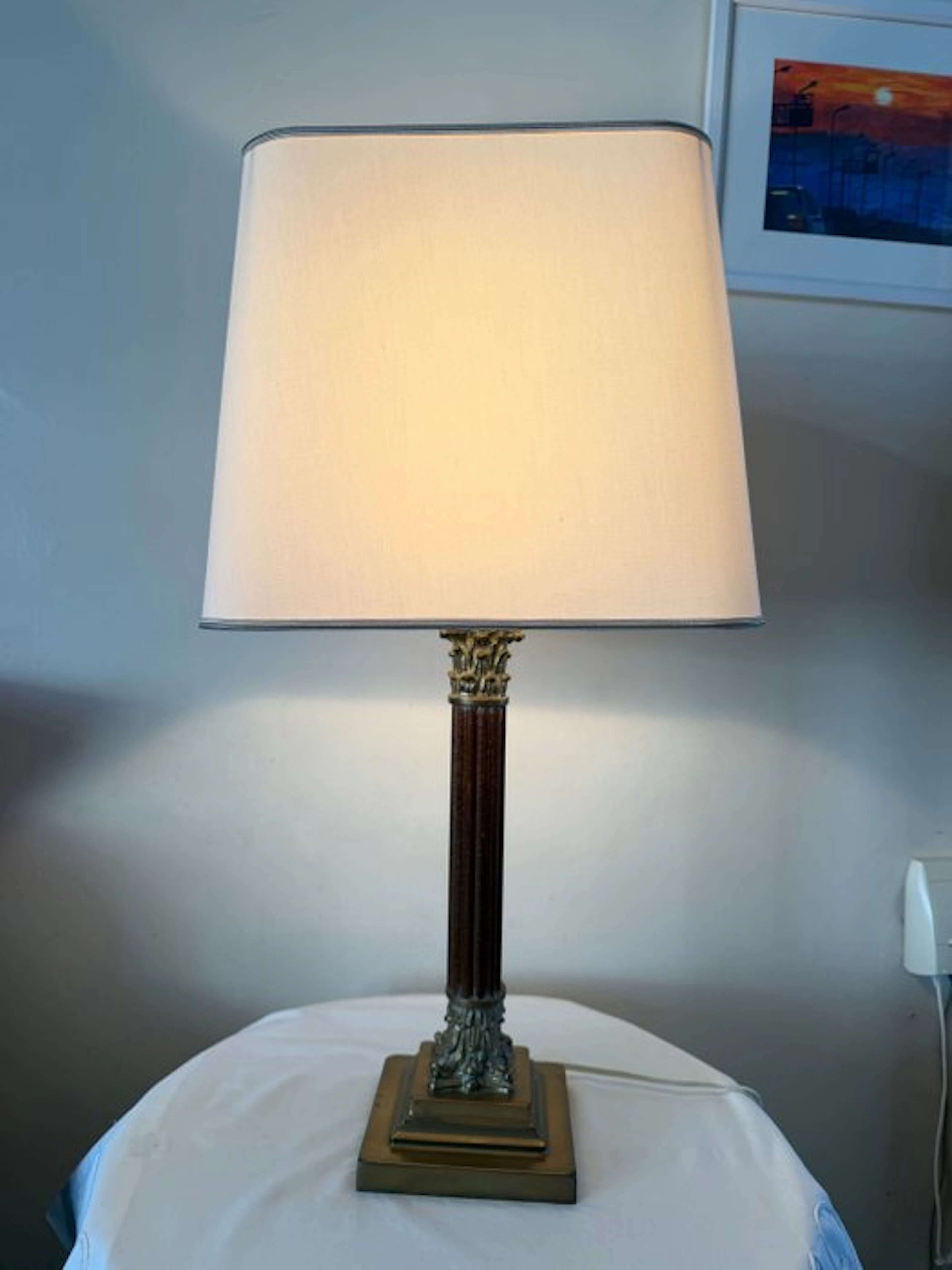 Table lamp - Brass, Wood, Textile - Heavy brass table lamp