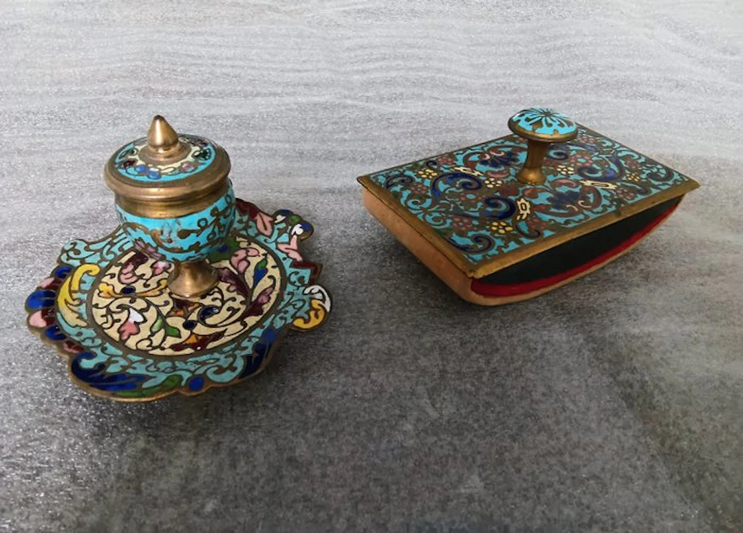Inkwell (2) - Bronze (gilt/silvered/patinated/cold painted)