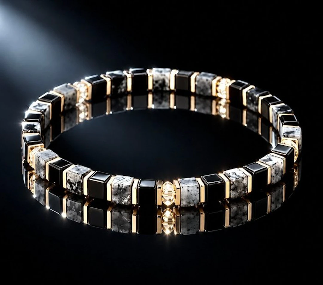 Stackable black onyx, rutile quartz stone stretch - Bracelet