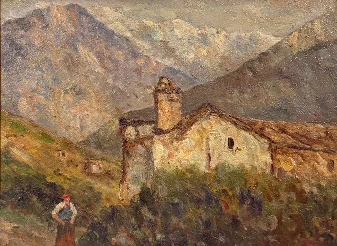 Italian school (XX) - Paesaggio montano con rustico e figura femminile