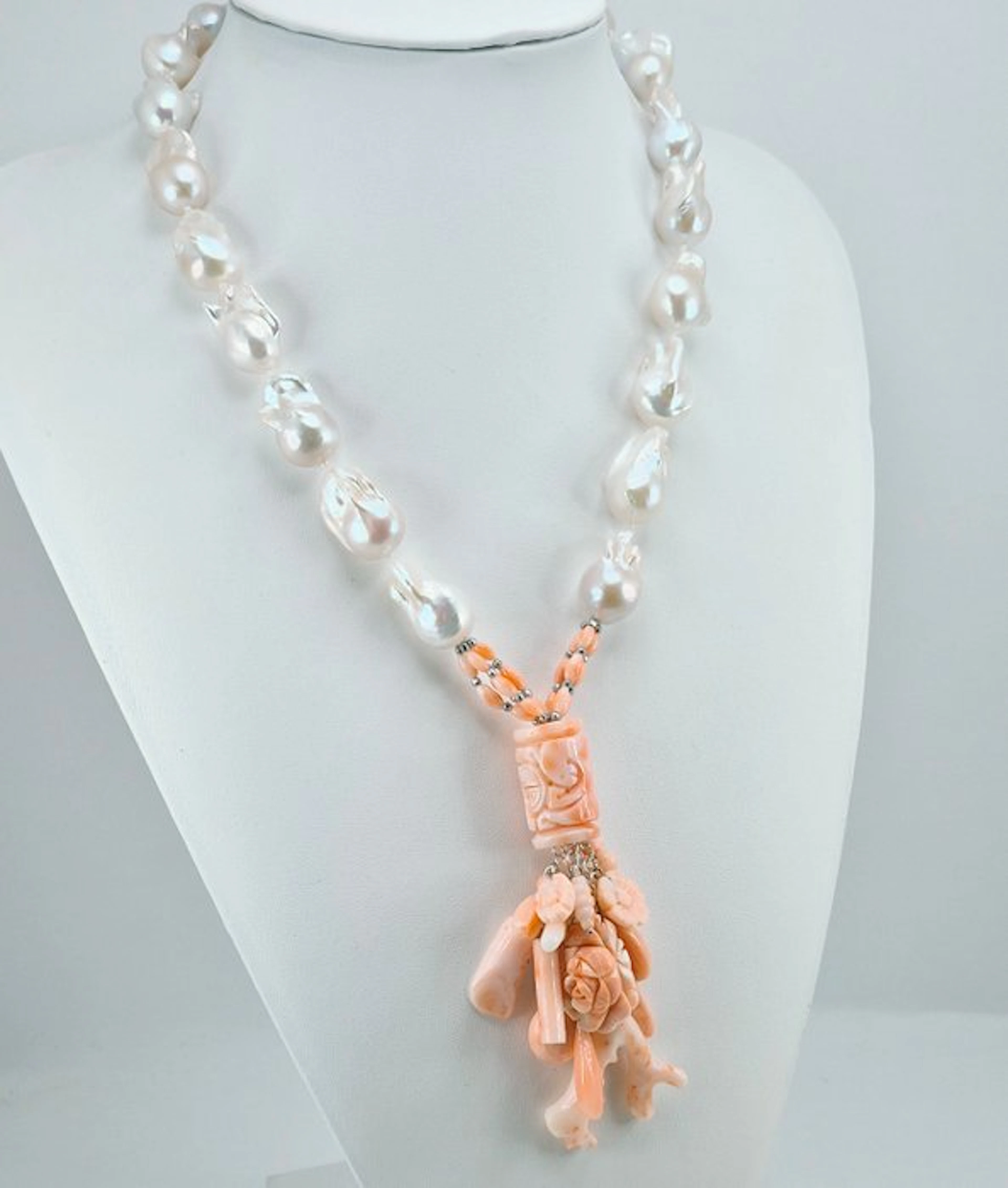 Coral - Silver - Necklace - Pink coral and pearls