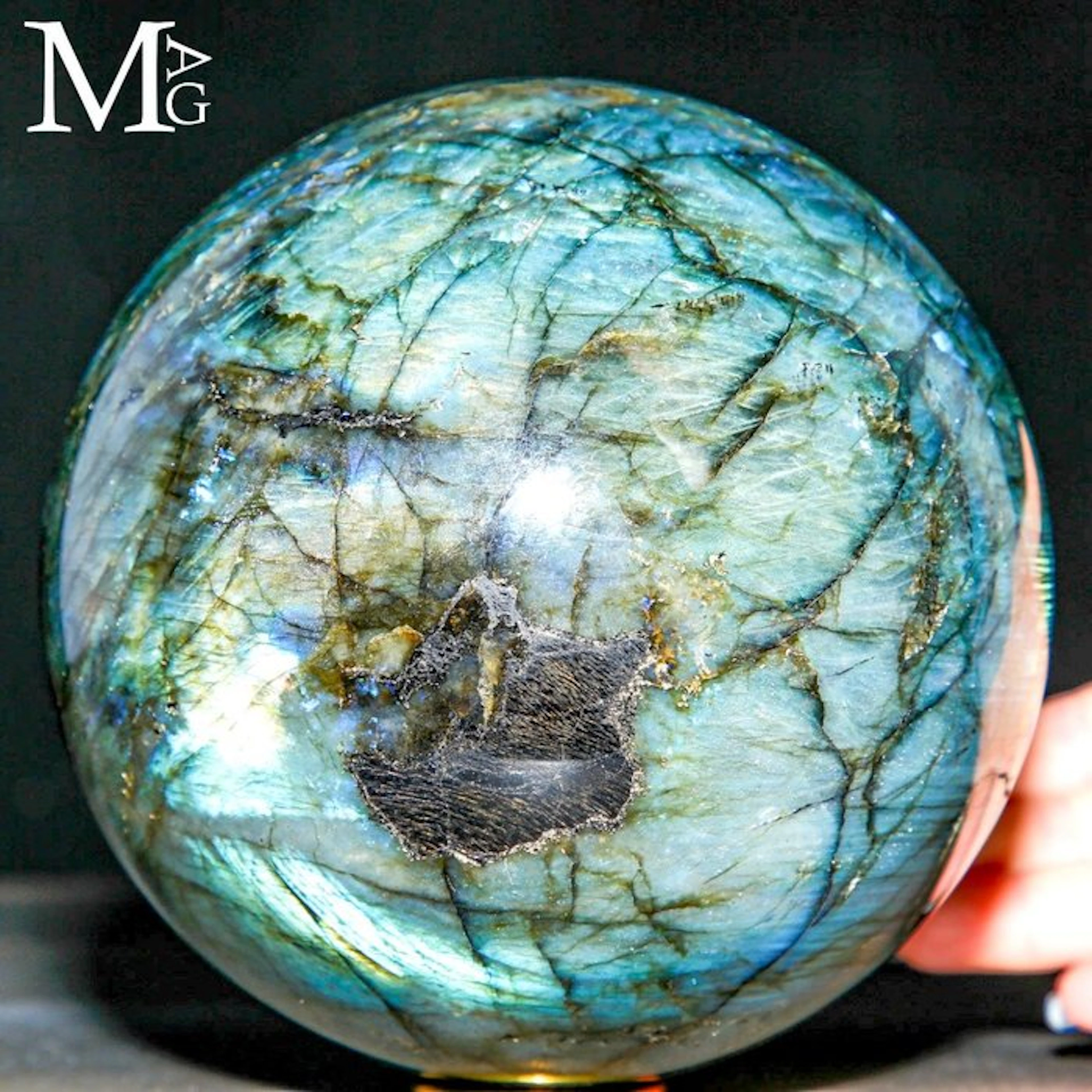High-Quality Labradorite Sphere with Intense Blue-Green...