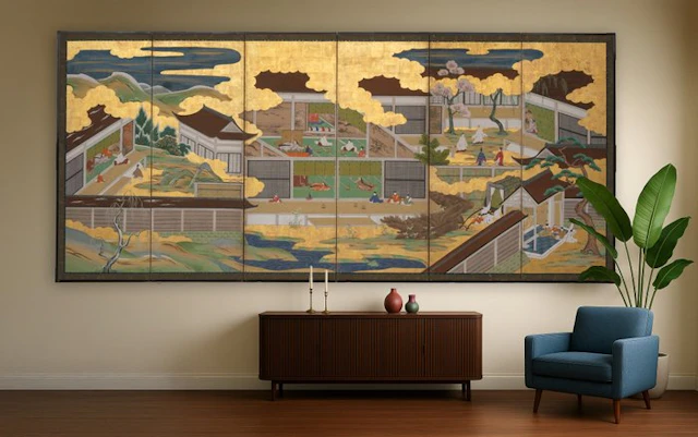 Folding screen with scenes from The Tale of Genji - Gold leaf