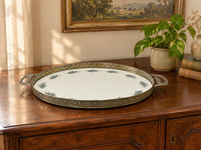 Elegant ovaal dienblad – bloemendecor en verzilverde siermontuur - Tray - Metal