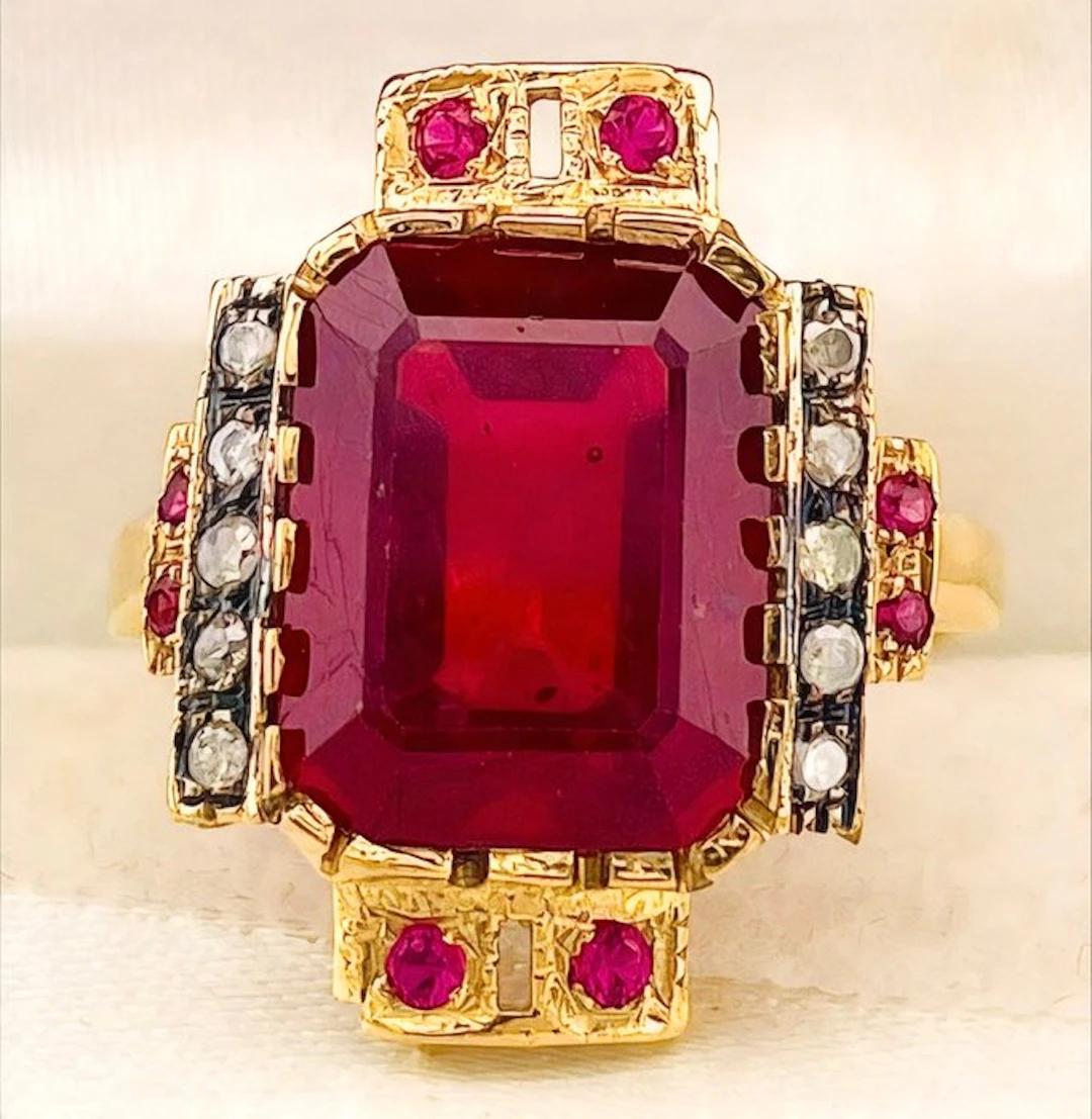 No reserve price - Ring - 9 kt. Yellow gold, Silver Ruby - Diamond