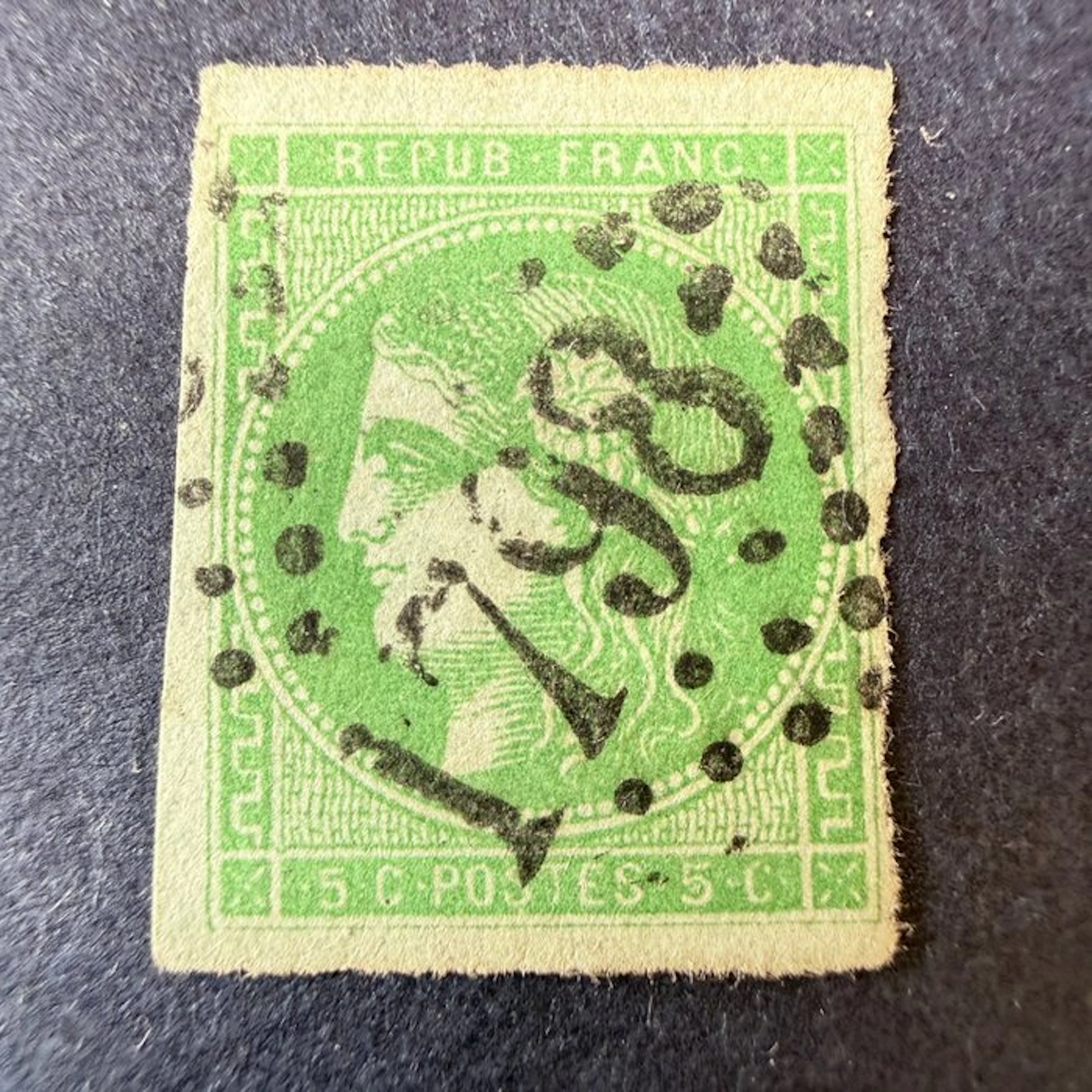 France - Yvert 42B 'Bordeaux 5c green-yellow' cancelled. Very good.
