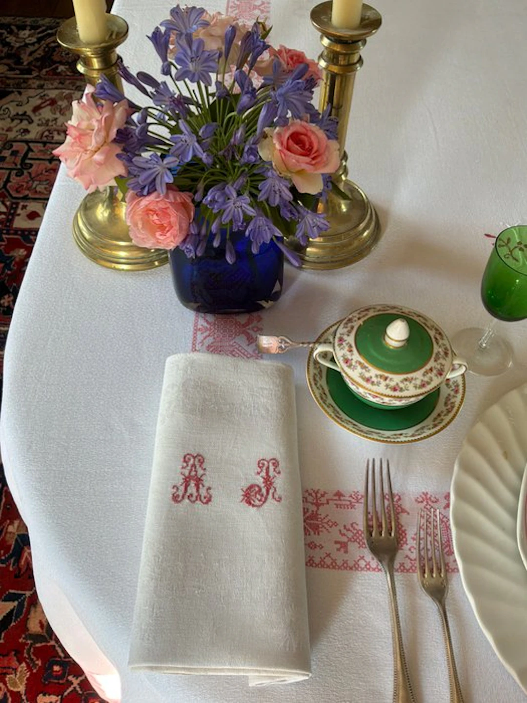 6 Early XXth Century damask linen napkins with A.J