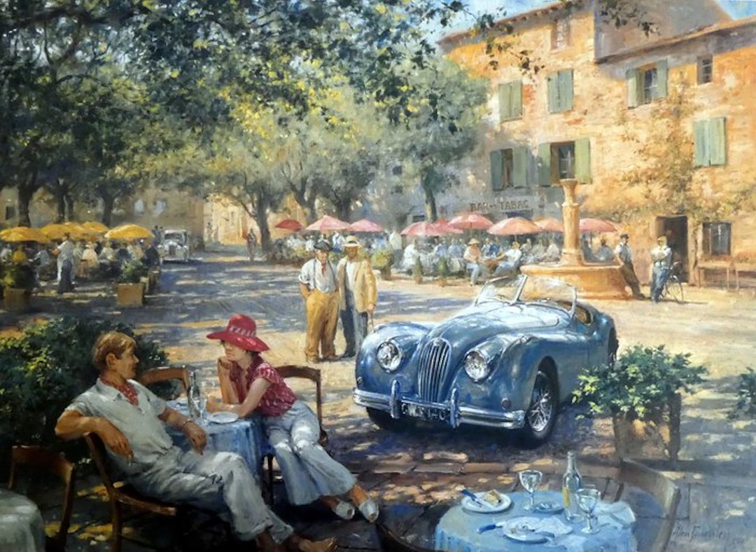 Jaguar XK140 and owners taking a lunchtime break in...