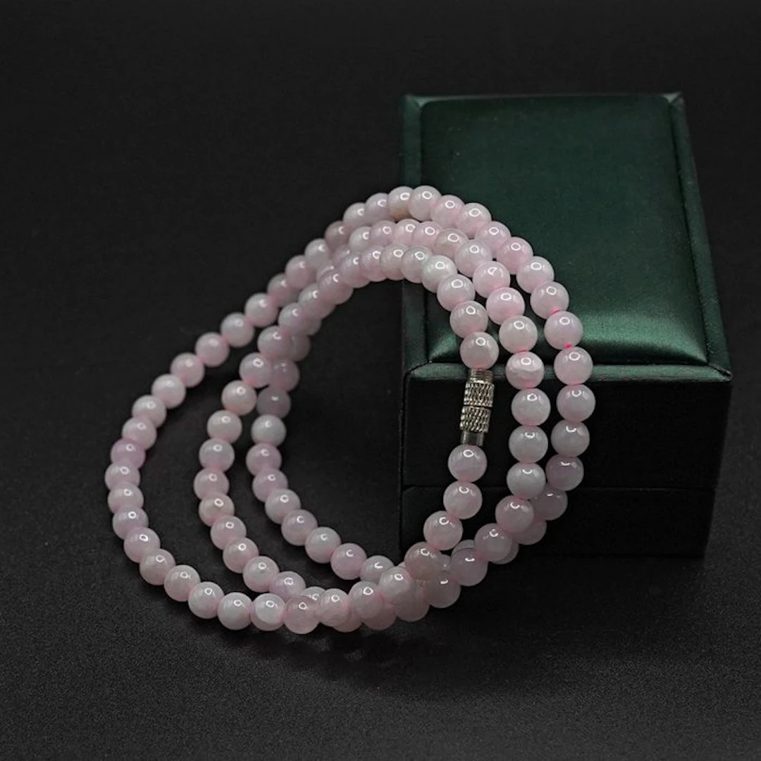 NGTC Certified Natural Jadeite Necklace - Polished White-Pink Beads