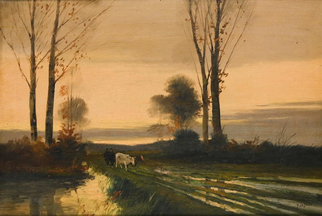 J Casari (XX) - Hollands herfstlandschap met personen en koeien.