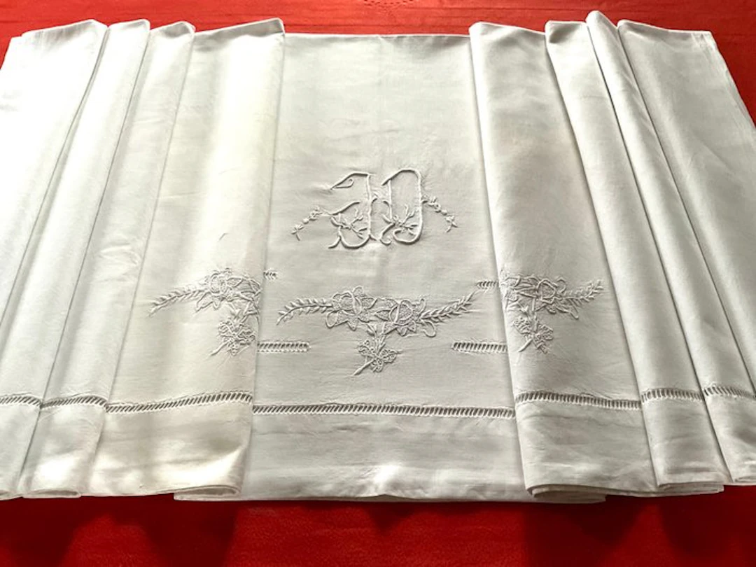 Early XXth C. linen bed linen with J.D. initials - Textile - 2.8 m - 2.2 m