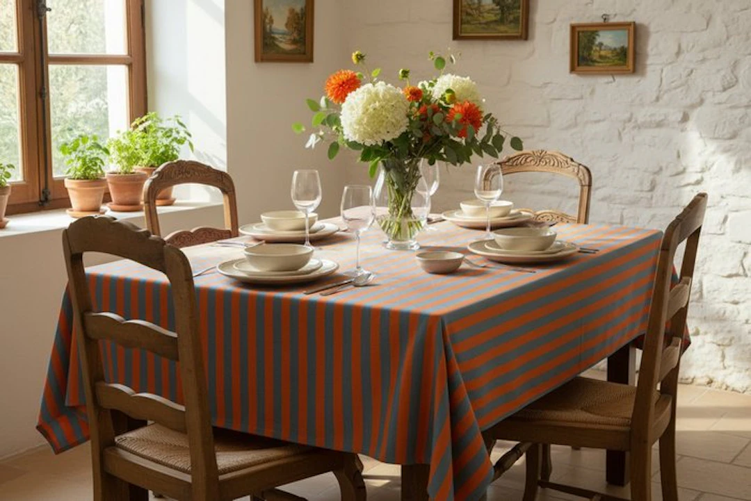 Orange and gray striped cotton fabric