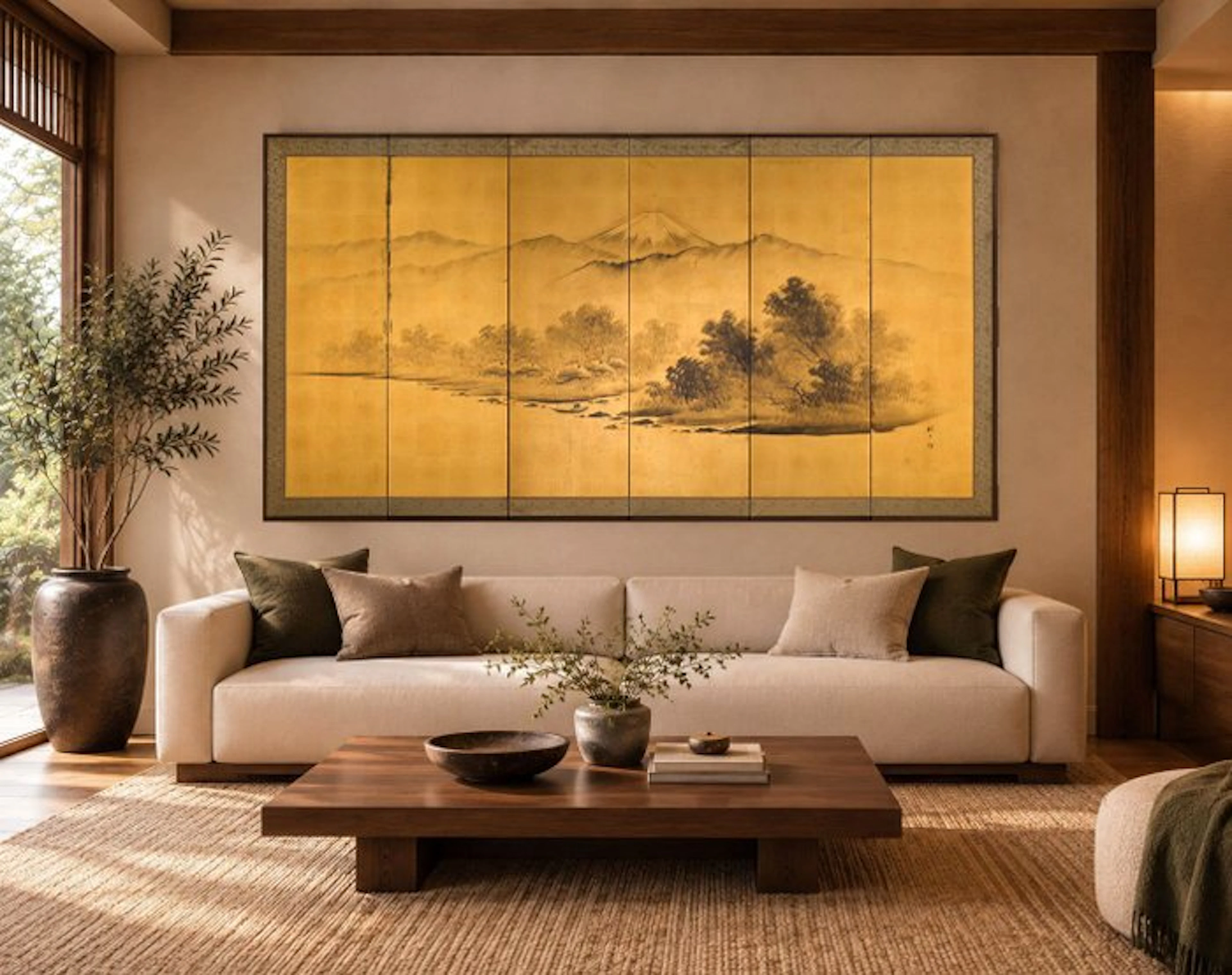 A six-panel silk folding screen depicting Mount Fuji and...