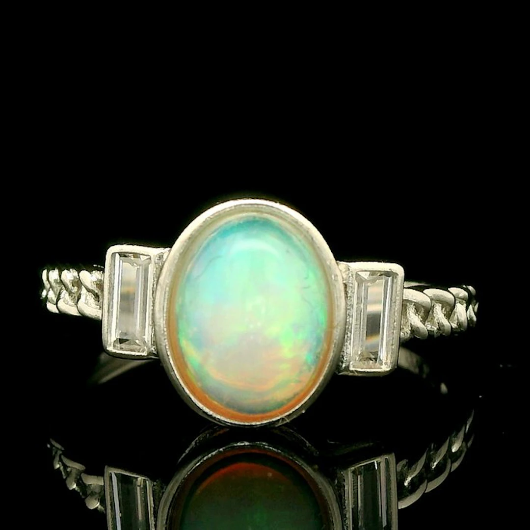 Opal - Steel, Opal Cabochon Ring in Stainless Steel - Ring