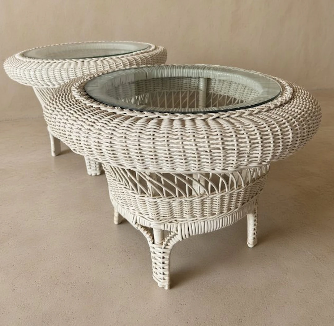 Table - Pair of 190s Vintage White Wicker "Donut" Side...