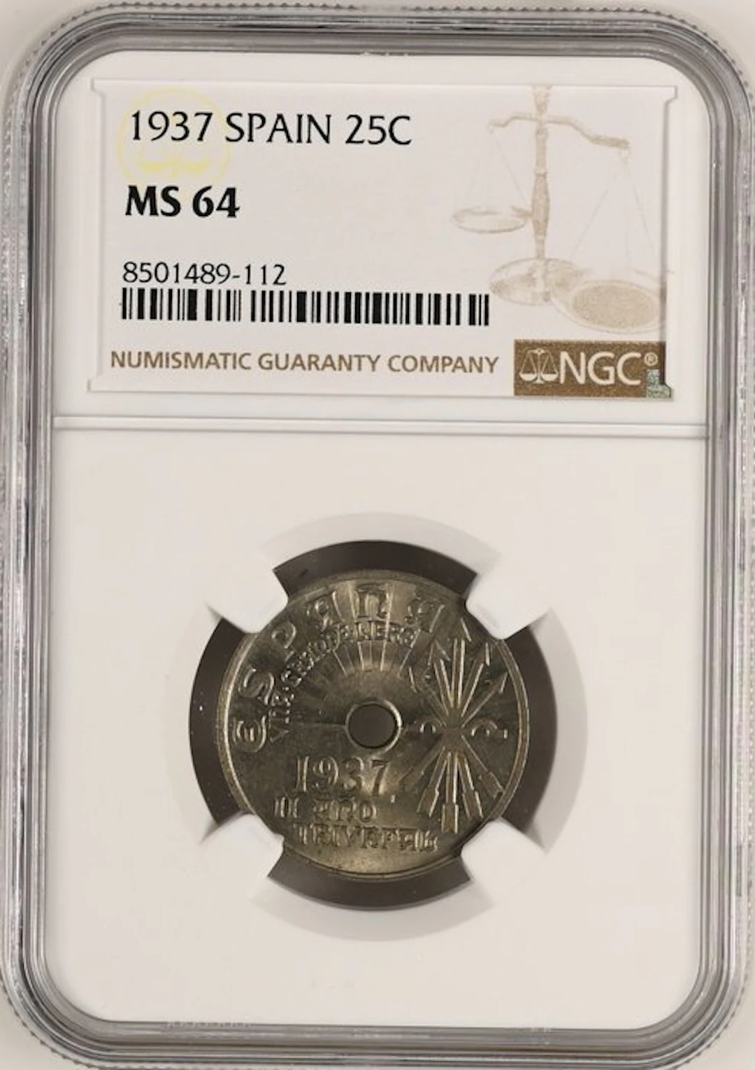 Spain. 25 céntimos 1937, Graduada por NGC como MS 64. (No reserve price)