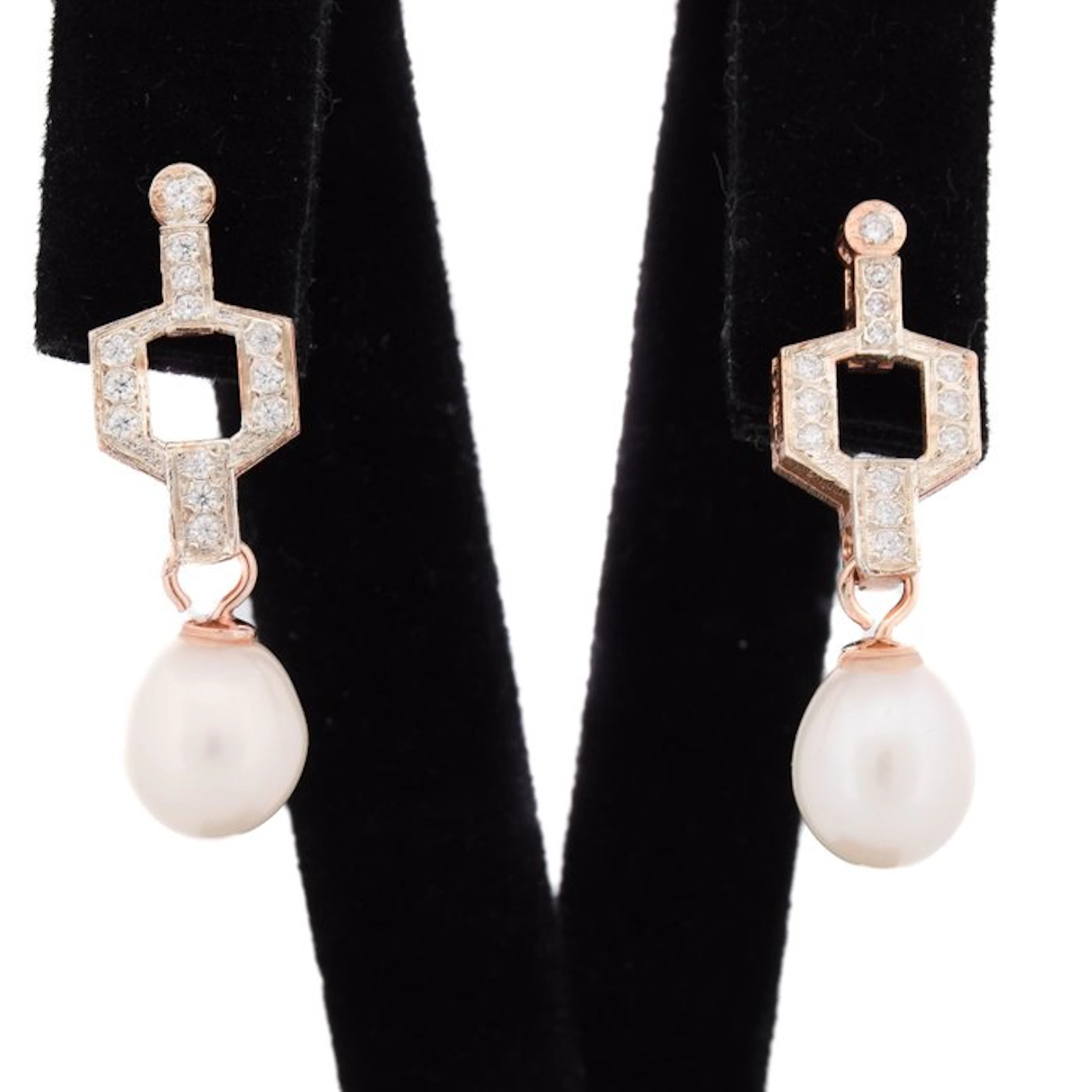 No reserve price - Earrings - 9 kt. Rose gold - 0.60ct. tw. Pearl - Diamond