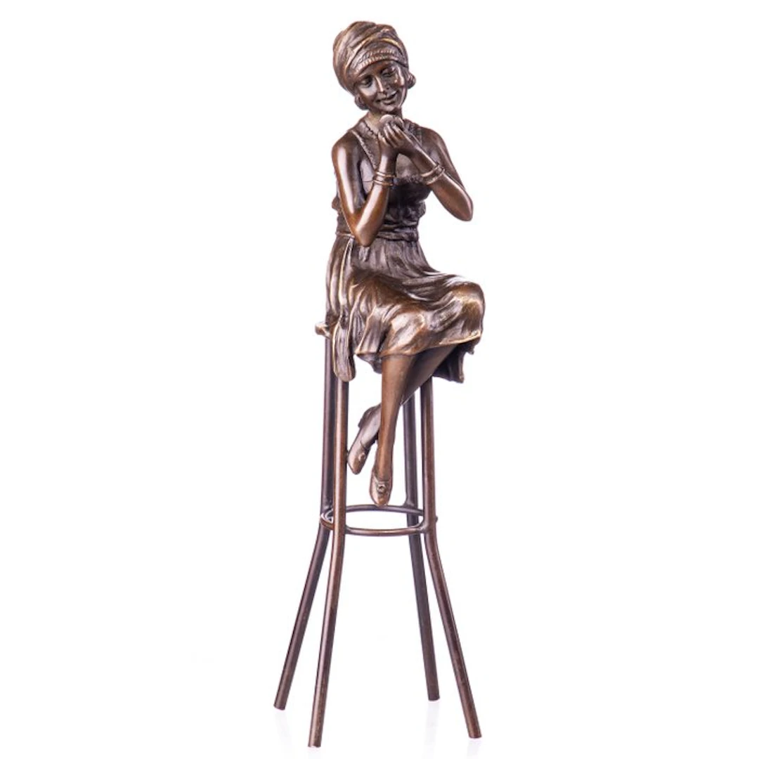 Figure - Art Deco Bronzefigur Frau auf Hocker - Bronze