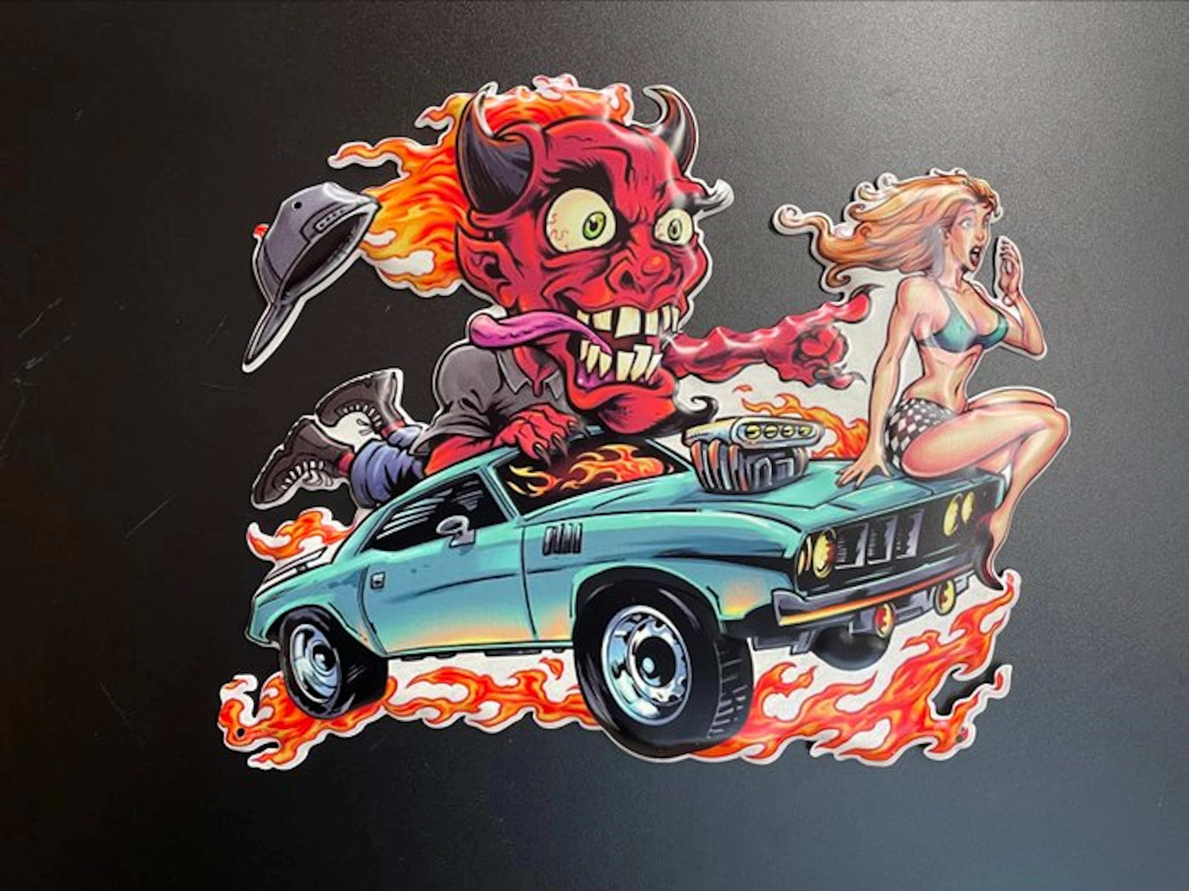 Devil in a hot rod with a pin-up - Sign - Sign - Devil in...