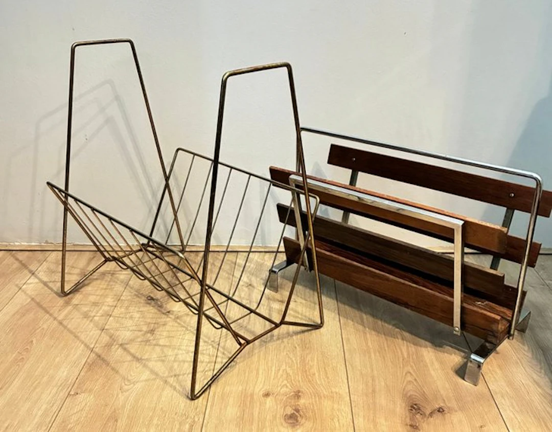 Magazine rack - Wood, Steel - Two vintage newspaper racks