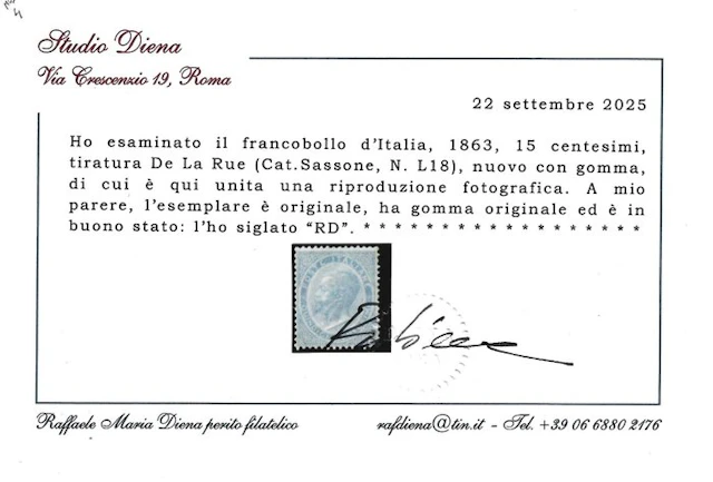 Italy Kingdom 1863 - DLR 15c MVLH - Sassone L18