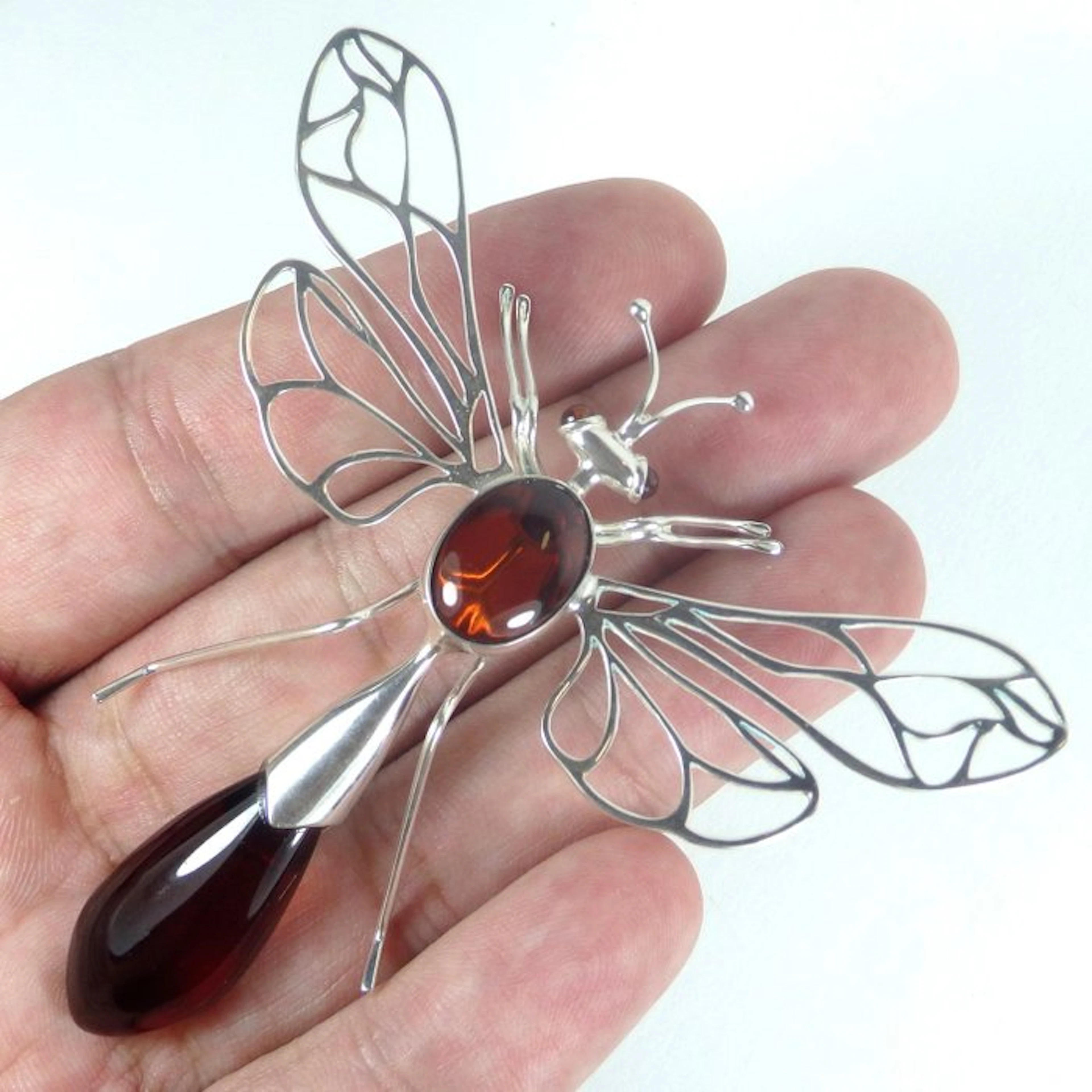 Baltic amber - Wasp brooch in silver - Amber - Amber - 83 mm - 10 mm