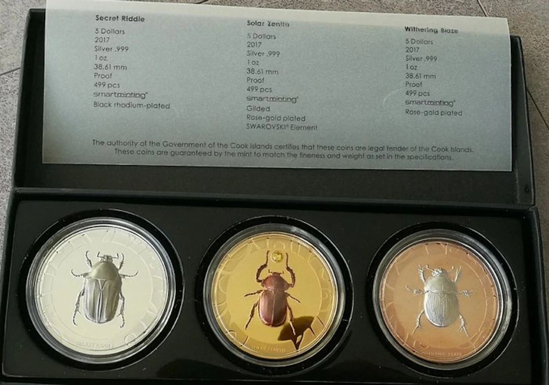Cook Islands. 5 Dollars 2017 SCARAB Selection 3x1 Oz mit CoA und BOX