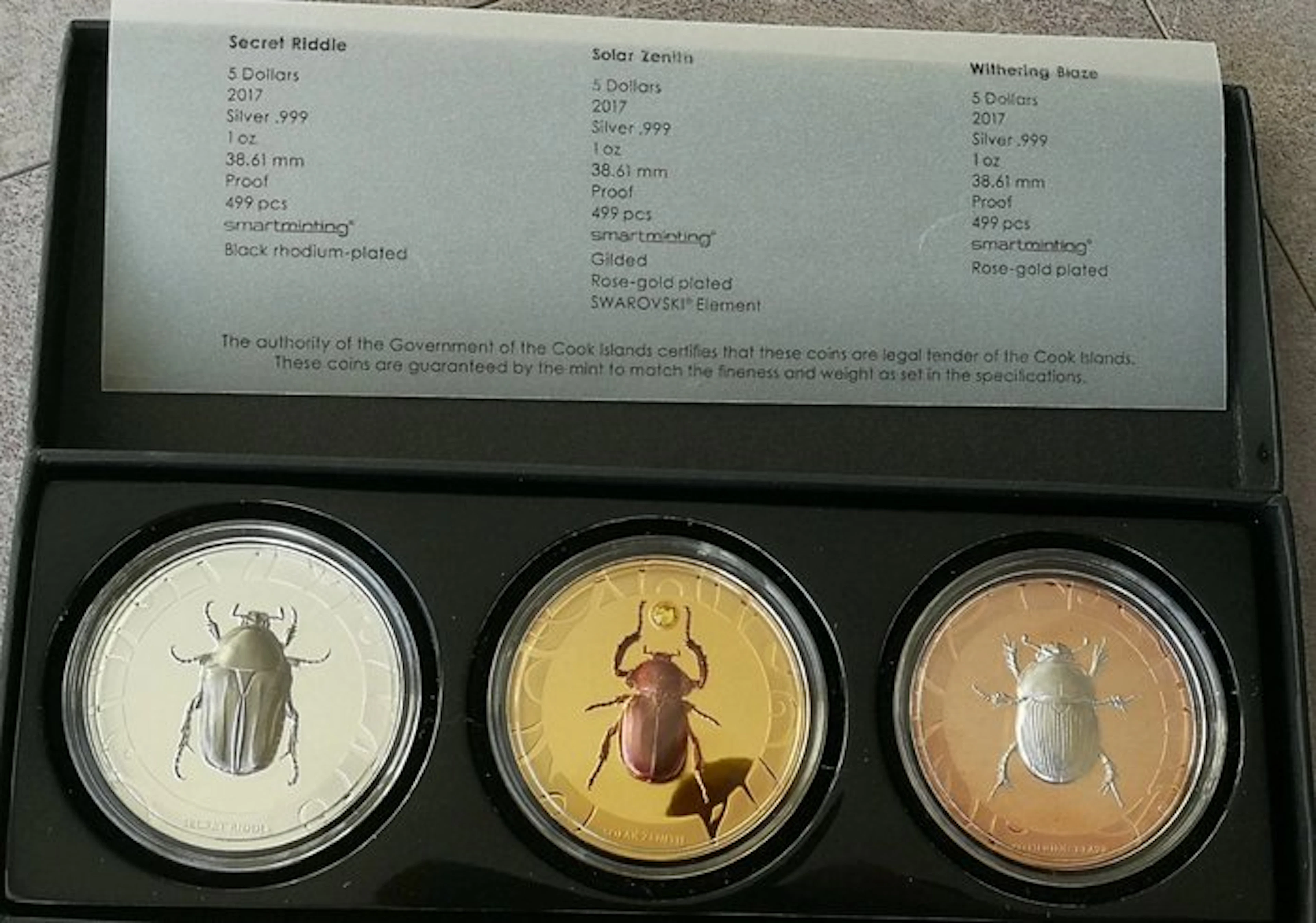 Cook Islands. 5 Dollars 2017 SCARAB Selection 3x1 Oz mit CoA und BOX