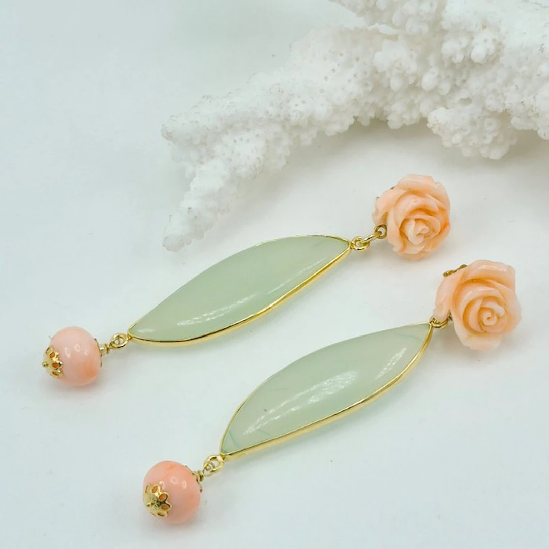 Coral - Silver, Gold-plated - Earrings - Pink coral, Calcedony