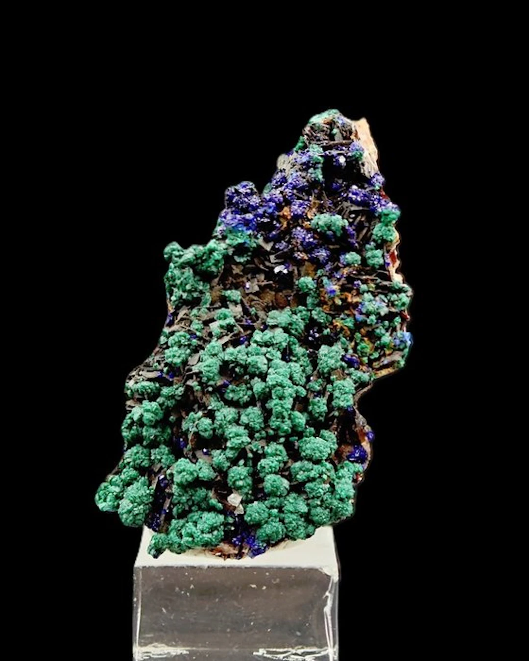 Azurite with green malachite on barite