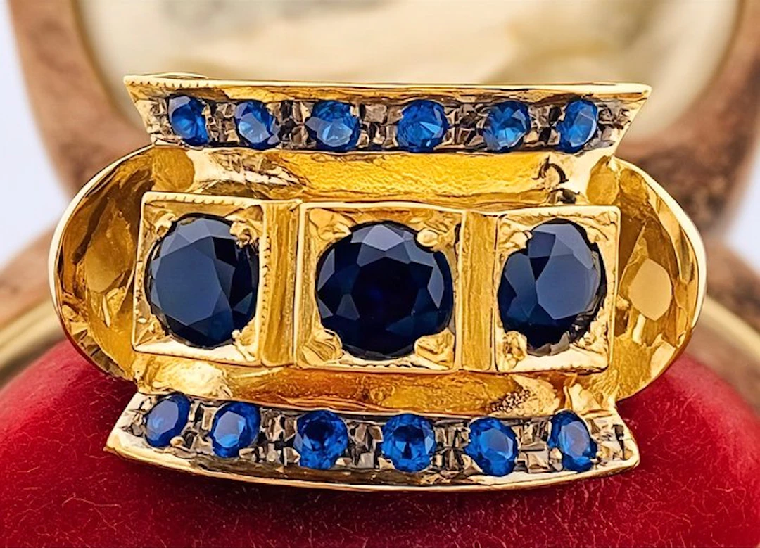 No reserve price - Ring - 9 kt. Yellow gold, Silver Sapphire