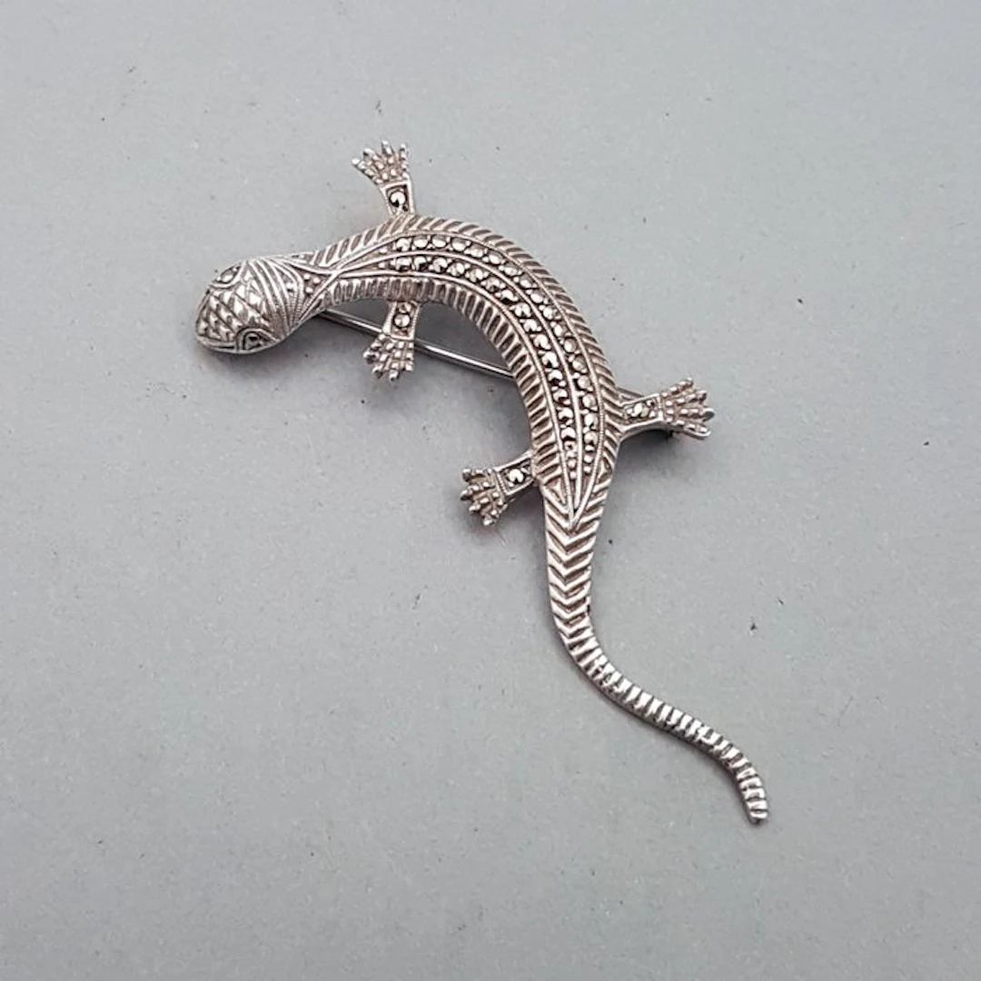 Silver, Art Deco, Salamander - Brooch - + Markasieten.
